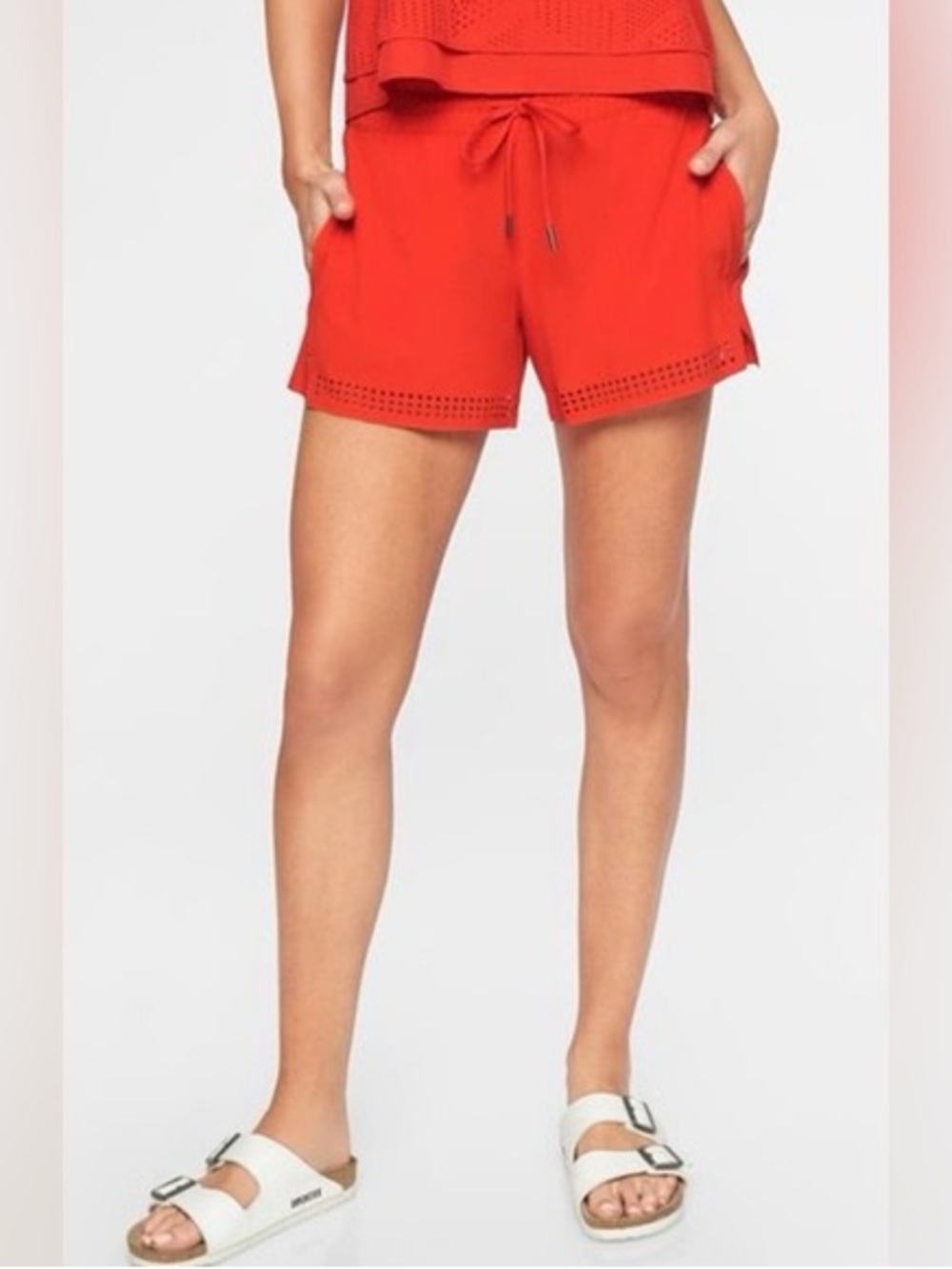 Athleta Baja Womens Red Drawstring Eyelet Hem Shorts 12 Active Wear Lightweight
